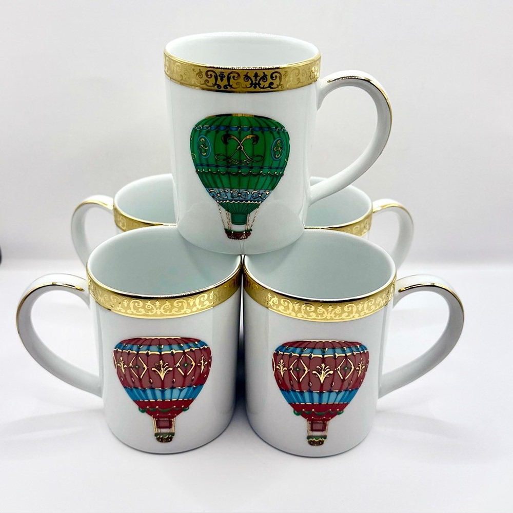 Vtg Royal‎ Gallery Gold Buffet Hot Air Balloon Mugs Federated Dept Stores 5 Set